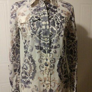 TORY BURCH Tie Dye Brown Gold White Tab Shoulder Button Front Top Size 2